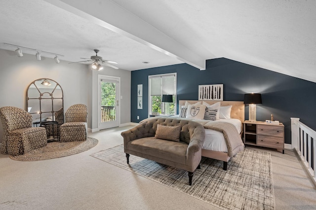 8530 Saundersville Rd, Mount Juliet, TN 37122 - bedroom with access to exterior, light carpet, rail lighting, a textured ceiling, and a ceiling fan