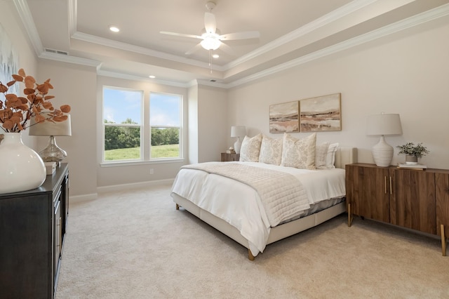 204 Phillips Bnd, Spring Hill, TN 37174 - bedroom with recessed lighting, light carpet, crown molding, a tray ceiling, and ceiling fan