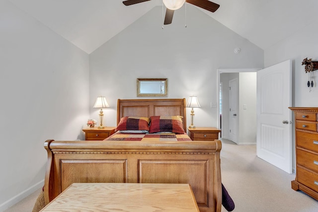 1107 Moreno Ln, Lewisburg, TN 37091 - bedroom with light colored carpet, high vaulted ceiling, and ceiling fan
