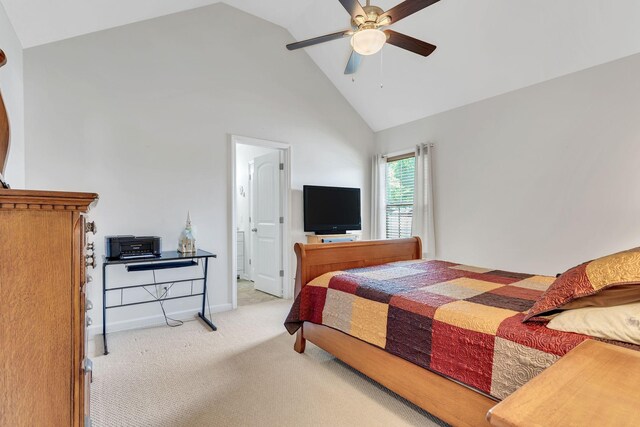 1107 Moreno Ln, Lewisburg, TN 37091 - carpeted bedroom featuring high vaulted ceiling, a ceiling fan, and ensuite bath