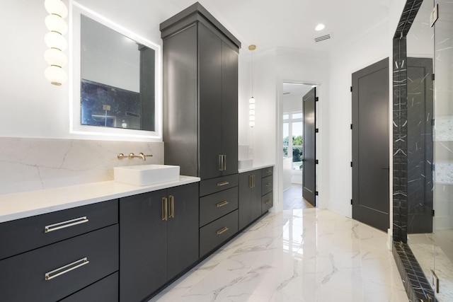1884 Barnstaple Ln, Brentwood, TN 37027 - bathroom with vanity, marble tiled flooring, backsplash, and a shower