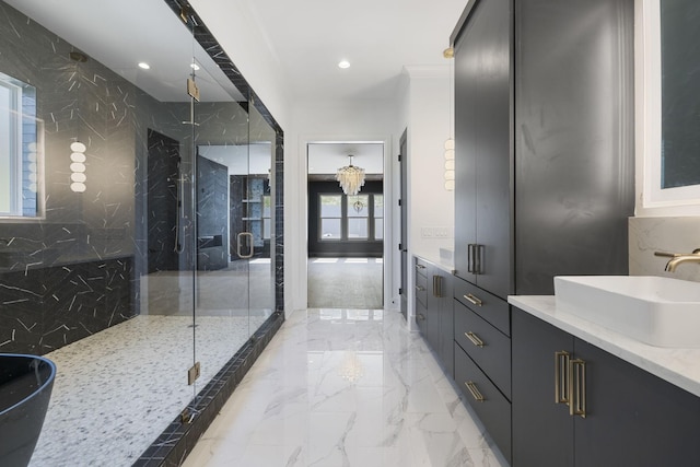 1884 Barnstaple Ln, Brentwood, TN 37027 - bathroom with a marble finish shower, vanity, marble tiled floors, and recessed lighting