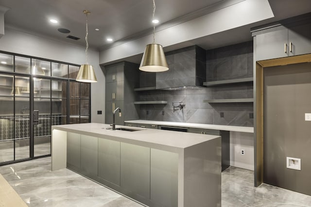 1884 Barnstaple Ln, Brentwood, TN 37027 - kitchen featuring tasteful backsplash, light countertops, light marble finish flooring, open shelves, and hanging light fixtures