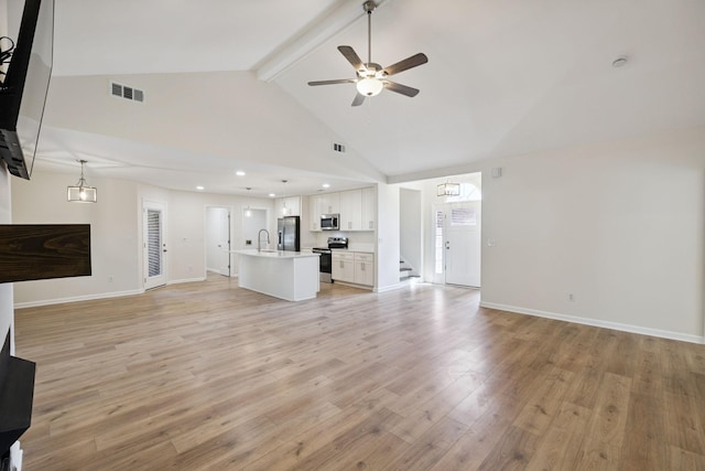 370 Calumet Trce, Murfreesboro, TN 37127 - unfurnished living room with ceiling fan, beamed ceiling, light wood-type flooring, high vaulted ceiling, and recessed lighting