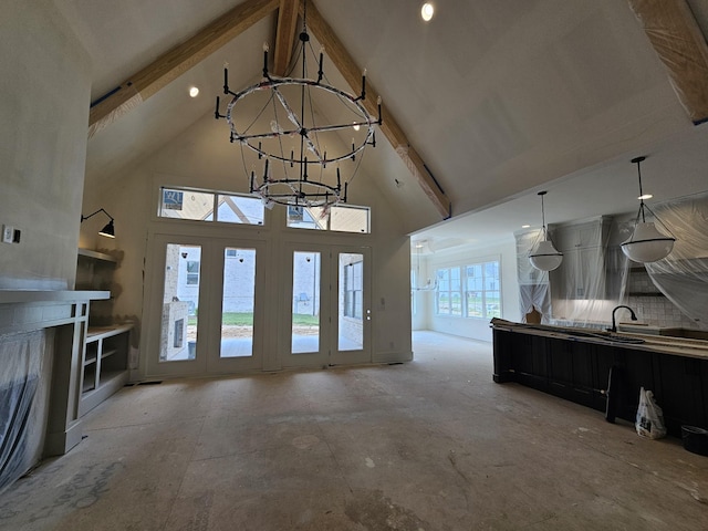 3244 Arundel Ln, Thompsons Station, TN 37179 - living room with high vaulted ceiling, a chandelier, and beam ceiling