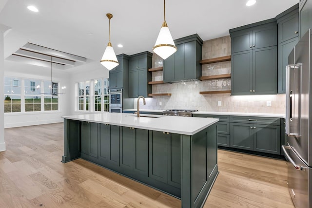 3244 Arundel Ln, Thompsons Station, TN 37179 - kitchen with open shelves, light countertops, tasteful backsplash, appliances with stainless steel finishes, and light wood-style floors