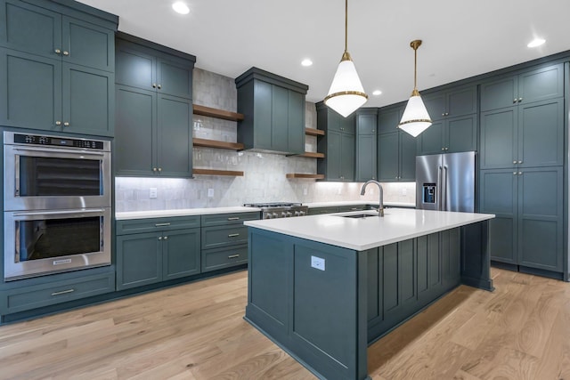 3244 Arundel Ln, Thompsons Station, TN 37179 - kitchen featuring appliances with stainless steel finishes, open shelves, light wood-type flooring, light countertops, and recessed lighting