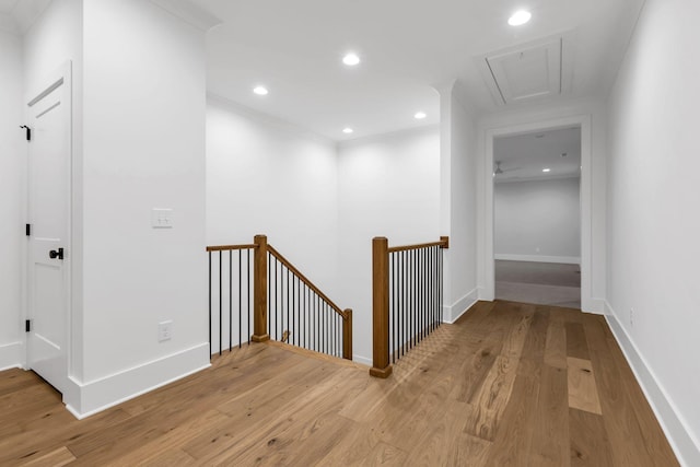 3244 Arundel Ln, Thompsons Station, TN 37179 - hallway featuring attic access, an upstairs landing, wood finished floors, and recessed lighting