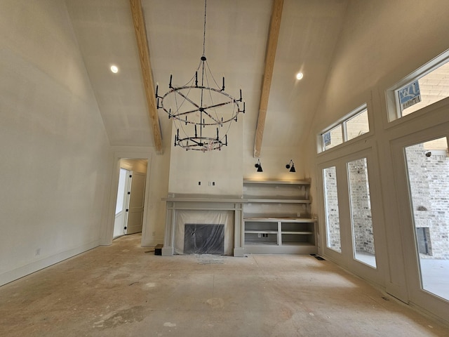 3244 Arundel Ln, Thompsons Station, TN 37179 - unfurnished living room with high vaulted ceiling, a chandelier, a premium fireplace, and recessed lighting