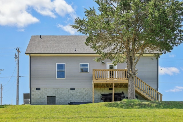 1219 Oak Grove Rd, Dickson, TN 37055 - rear view of property with stairway, a yard, a wooden deck, and roof with shingles