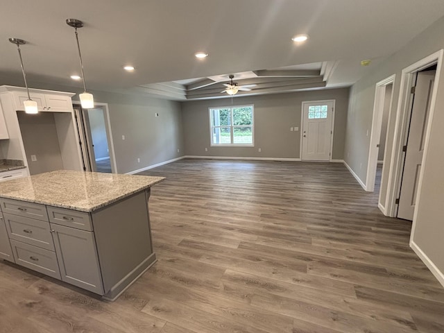 760 Hanestown Rd, Lafayette, TN 37083 - kitchen featuring ceiling fan, gray cabinets, wood finished floors, a kitchen island, and a raised ceiling