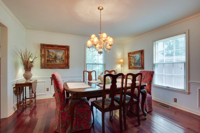 201 Stoneybrook Rd, Columbia, TN 38401 - dining room with healthy amount of natural light, dark wood-style flooring, a chandelier, and ornamental molding