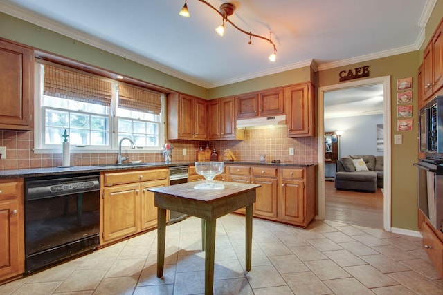 201 Stoneybrook Rd, Columbia, TN 38401 - kitchen featuring dishwasher, wall oven, under cabinet range hood, tasteful backsplash, and crown molding
