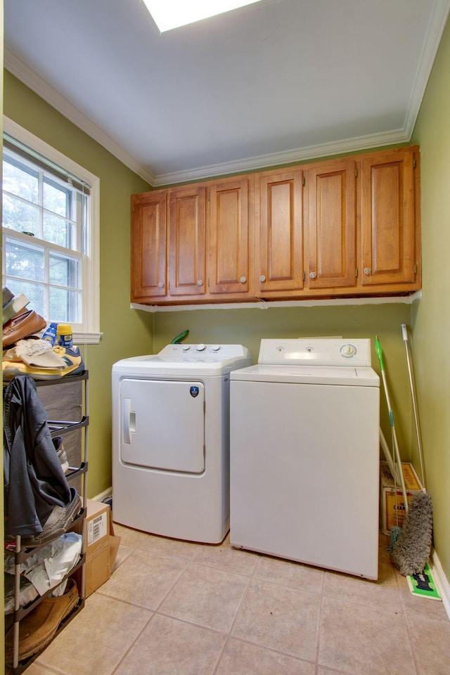 201 Stoneybrook Rd, Columbia, TN 38401 - laundry room featuring cabinet space, independent washer and dryer, crown molding, and light tile patterned floors