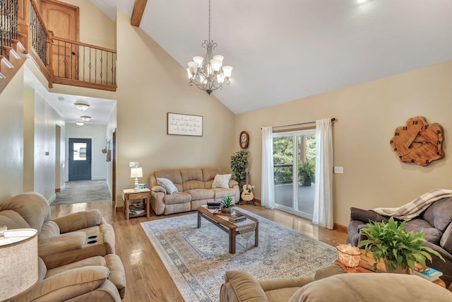 3534 Summertown Hwy, Summertown, TN 38483 - living area featuring high vaulted ceiling, a chandelier, and light wood-style floors