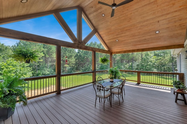3534 Summertown Hwy, Summertown, TN 38483 - wooden terrace with ceiling fan, view of wooded area, and outdoor dining area