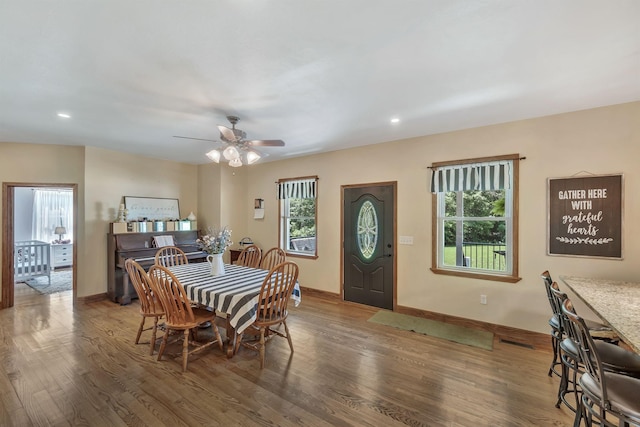 3534 Summertown Hwy, Summertown, TN 38483 - dining area featuring wood finished floors, a ceiling fan, and recessed lighting