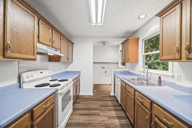 7125 Sutton Pl, Fairview, TN 37062 - kitchen with white appliances, under cabinet range hood, a textured ceiling, dark wood-type flooring, and light countertops