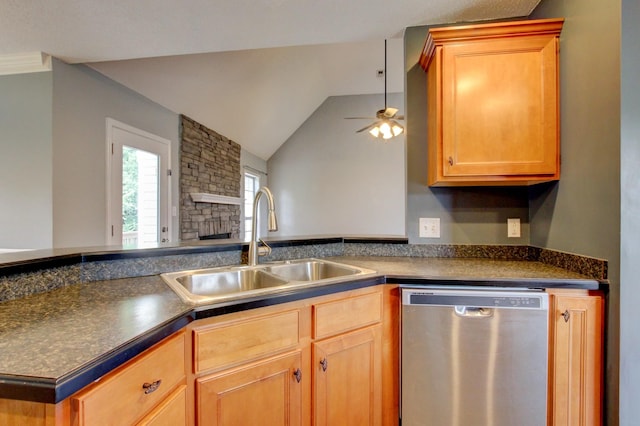 4425 Taylor Hall Ln, Adams, TN 37010 - kitchen featuring stainless steel dishwasher, dark countertops, a stone fireplace, ceiling fan, and lofted ceiling