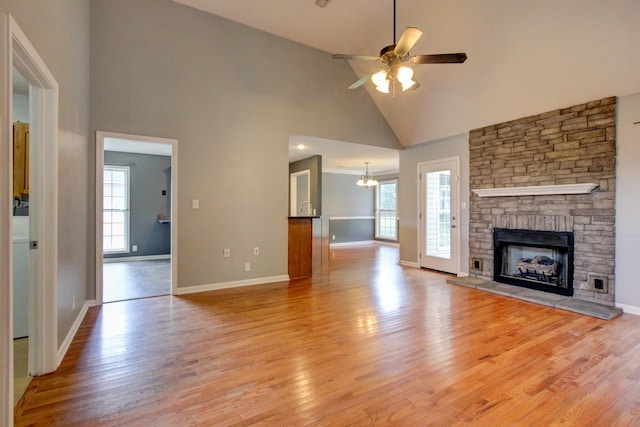 4425 Taylor Hall Ln, Adams, TN 37010 - unfurnished living room featuring high vaulted ceiling, light wood-type flooring, plenty of natural light, and a ceiling fan