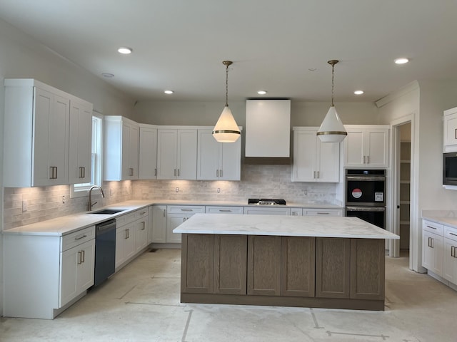 133 Scarsdale Dr S, Hendersonville, TN 37075 - kitchen featuring appliances with stainless steel finishes, a kitchen island, custom range hood, tasteful backsplash, and white cabinets