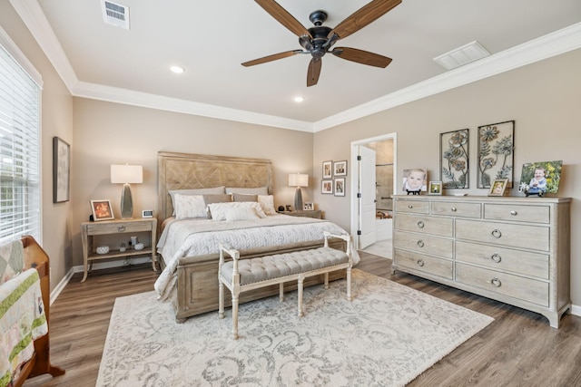 679 Overton Way, Spring Hill, TN 37174 - bedroom featuring crown molding, dark wood-style flooring, a ceiling fan, recessed lighting, and connected bathroom