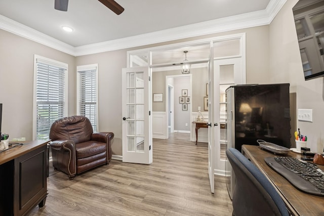 679 Overton Way, Spring Hill, TN 37174 - office with light wood-type flooring, ornamental molding, a ceiling fan, and french doors