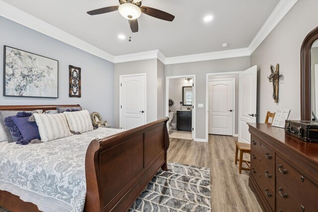 679 Overton Way, Spring Hill, TN 37174 - bedroom featuring crown molding, light wood-style floors, ceiling fan, ensuite bathroom, and recessed lighting