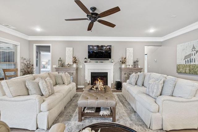 679 Overton Way, Spring Hill, TN 37174 - living room with ceiling fan, crown molding, a lit fireplace, recessed lighting, and wood finished floors