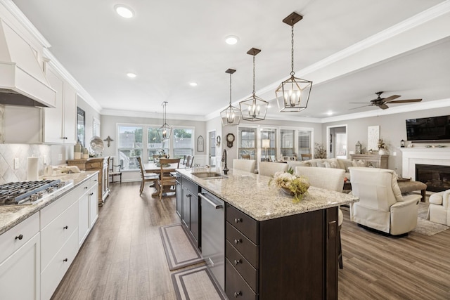 679 Overton Way, Spring Hill, TN 37174 - kitchen with custom exhaust hood, appliances with stainless steel finishes, white cabinets, wood finished floors, and recessed lighting