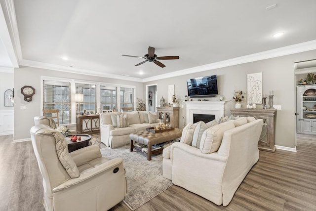 679 Overton Way, Spring Hill, TN 37174 - living area featuring a ceiling fan, wood finished floors, crown molding, recessed lighting, and a fireplace