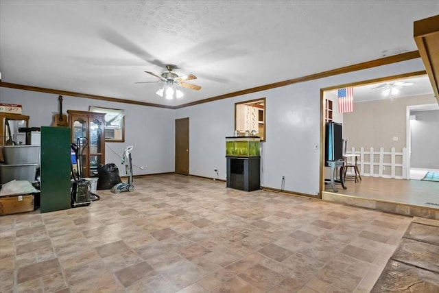 106 Ulcer Hollow Rd, Waverly, TN 37185 - living room featuring ceiling fan, ornamental molding, and stone finish flooring