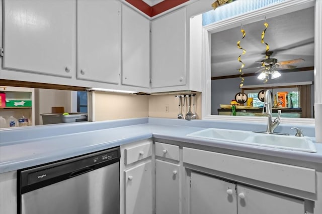 106 Ulcer Hollow Rd, Waverly, TN 37185 - kitchen featuring dishwasher, white cabinets, light countertops, and a ceiling fan