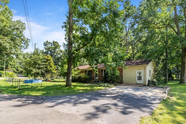 106 Ulcer Hollow Rd, Waverly, TN 37185 - view of front facade featuring a trampoline, a front lawn, driveway, and view of scattered trees