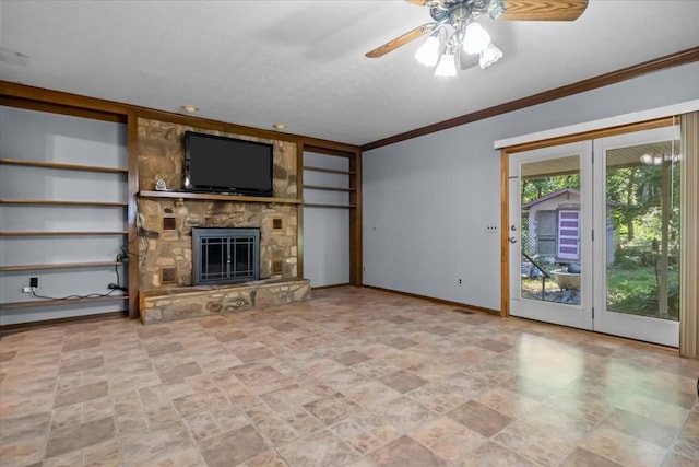 106 Ulcer Hollow Rd, Waverly, TN 37185 - unfurnished living room with crown molding, a fireplace, and a ceiling fan
