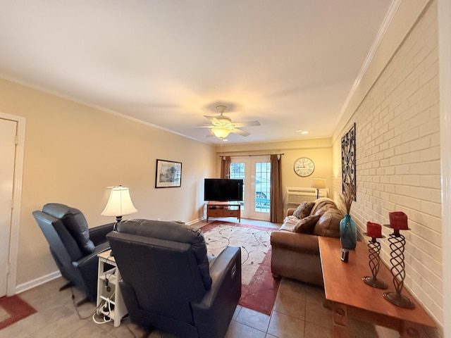 412 Winwood Dr, Lebanon, TN 37087 - living room with crown molding, tile patterned flooring, a ceiling fan, and brick wall