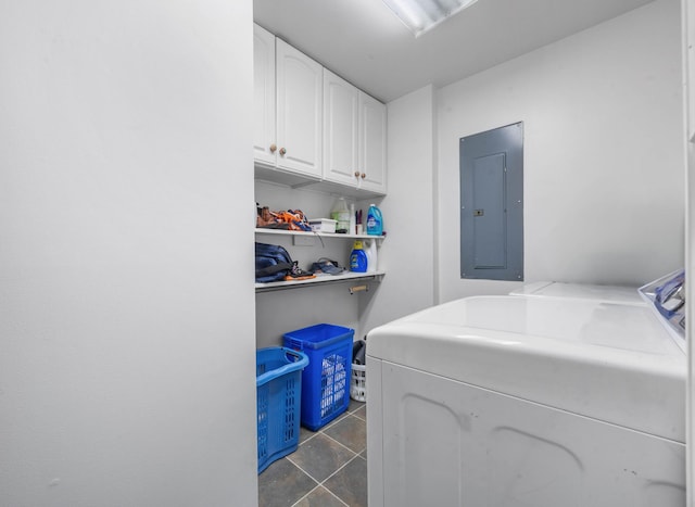 3899 Sadlersville Rd, Adams, TN 37010 - laundry area with electric panel, separate washer and dryer, cabinet space, and dark tile patterned floors