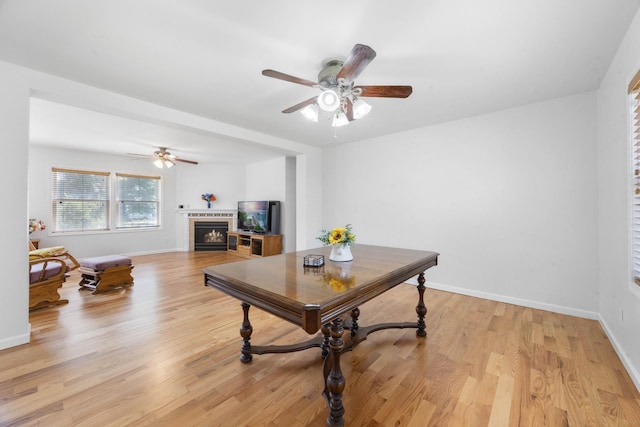 3899 Sadlersville Rd, Adams, TN 37010 - living area with a ceiling fan, light wood-style floors, and a fireplace