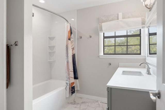 117 Maple Way N, Hendersonville, TN 37075 - full bath with vanity, shower / bathtub combination with curtain, marble look tile flooring, and recessed lighting