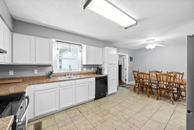 705 Pineridge Dr, Hopkinsville, KY 42240 - kitchen featuring black dishwasher, a textured ceiling, ceiling fan, white cabinetry, and electric range