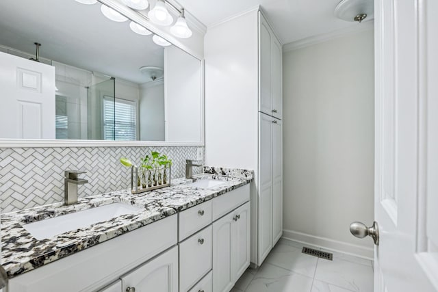 9505 Inavale Ln, Brentwood, TN 37027 - bathroom featuring double vanity, ornamental molding, marble finish flooring, walk in shower, and backsplash