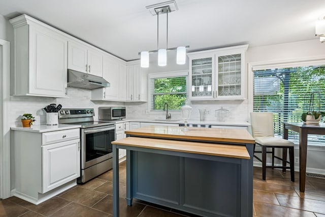 9505 Inavale Ln, Brentwood, TN 37027 - kitchen with appliances with stainless steel finishes, wooden counters, under cabinet range hood, white cabinetry, and backsplash