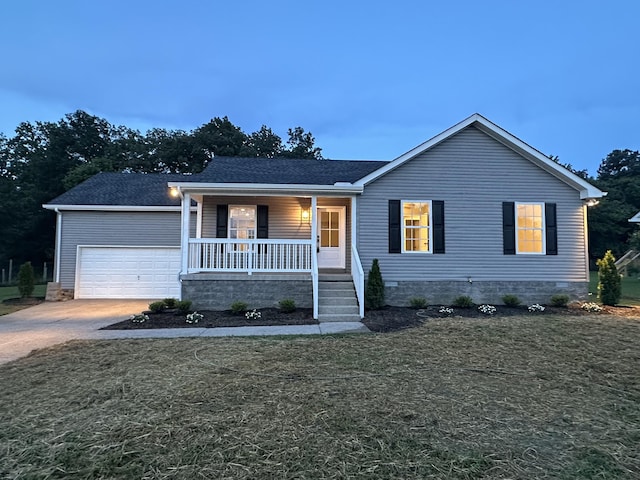 7313 Horn Tavern Ct, Fairview, TN 37062 - single story home featuring covered porch, concrete driveway, an attached garage, a front yard, and a shingled roof
