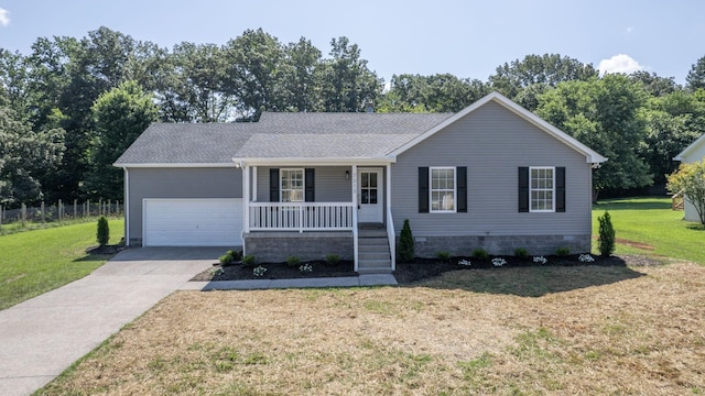 7313 Horn Tavern Ct, Fairview, TN 37062 - single story home featuring covered porch, a front yard, concrete driveway, an attached garage, and a shingled roof