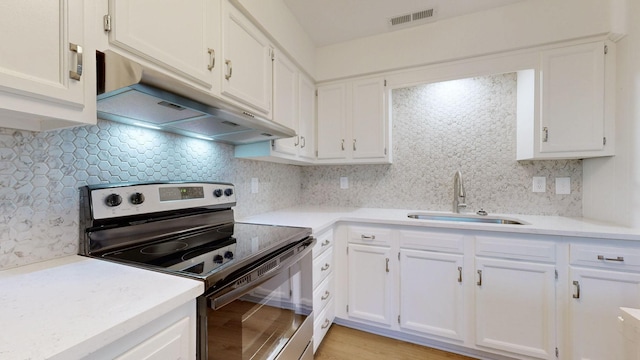 2104 W Richmond Hill Dr, Nashville, TN 37207 - kitchen featuring stainless steel electric range, under cabinet range hood, white cabinets, and decorative backsplash