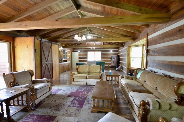 1355 Westfield Rd, Dickson, TN 37055 - living area featuring a barn door, wood walls, and wood ceiling