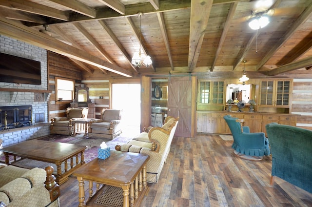 1355 Westfield Rd, Dickson, TN 37055 - living room featuring wood walls, wood ceiling, hardwood / wood-style flooring, and a fireplace