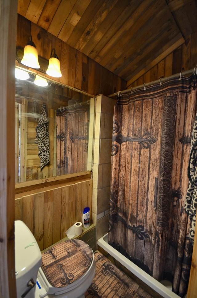 1355 Westfield Rd, Dickson, TN 37055 - bathroom with lofted ceiling, a stall shower, wooden walls, and wooden ceiling