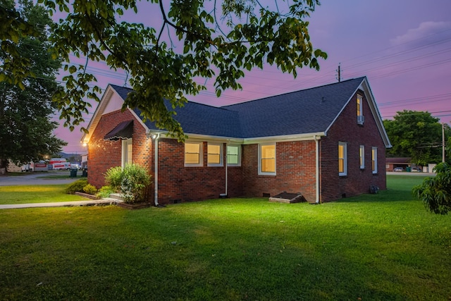 1200 Mill St, Pulaski, TN 38478 - view of side of property featuring a lawn, a shingled roof, brick siding, and crawl space