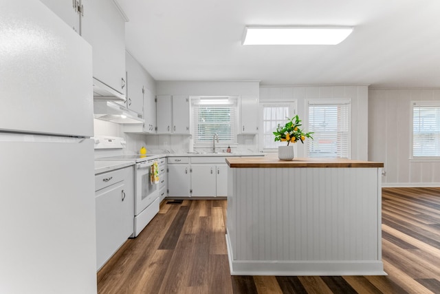 1200 Mill St, Pulaski, TN 38478 - kitchen with white appliances, dark wood-type flooring, under cabinet range hood, white cabinetry, and plenty of natural light